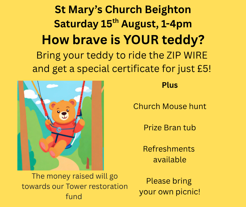Teddy Bear Zip Wire poster - 15th August 2026 St Mary's Church 1-4pm